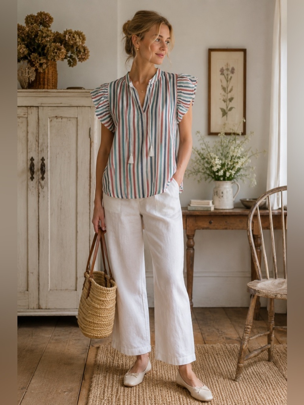 Trovata Striped Blouse Shirt Top Blue Red Short Flutter Sleeves Cottage Boho S - Picture 8 of 11